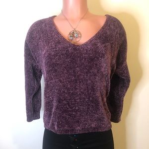 Express Cropped Boxy V-Neck Chenille Sweater